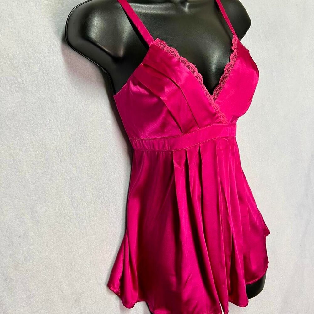 Boston Proper Silk Barbiecore Lace Trim Babydoll Pleated Cami Top Hot Pink Y2K